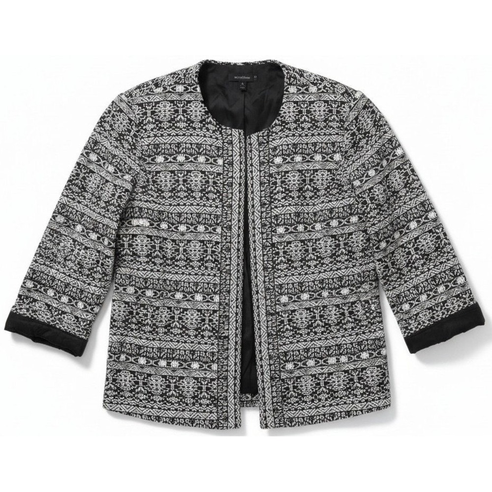 Christopher & Banks Women's Large Black White Open Front Jacket 3/4 Sleeve Print